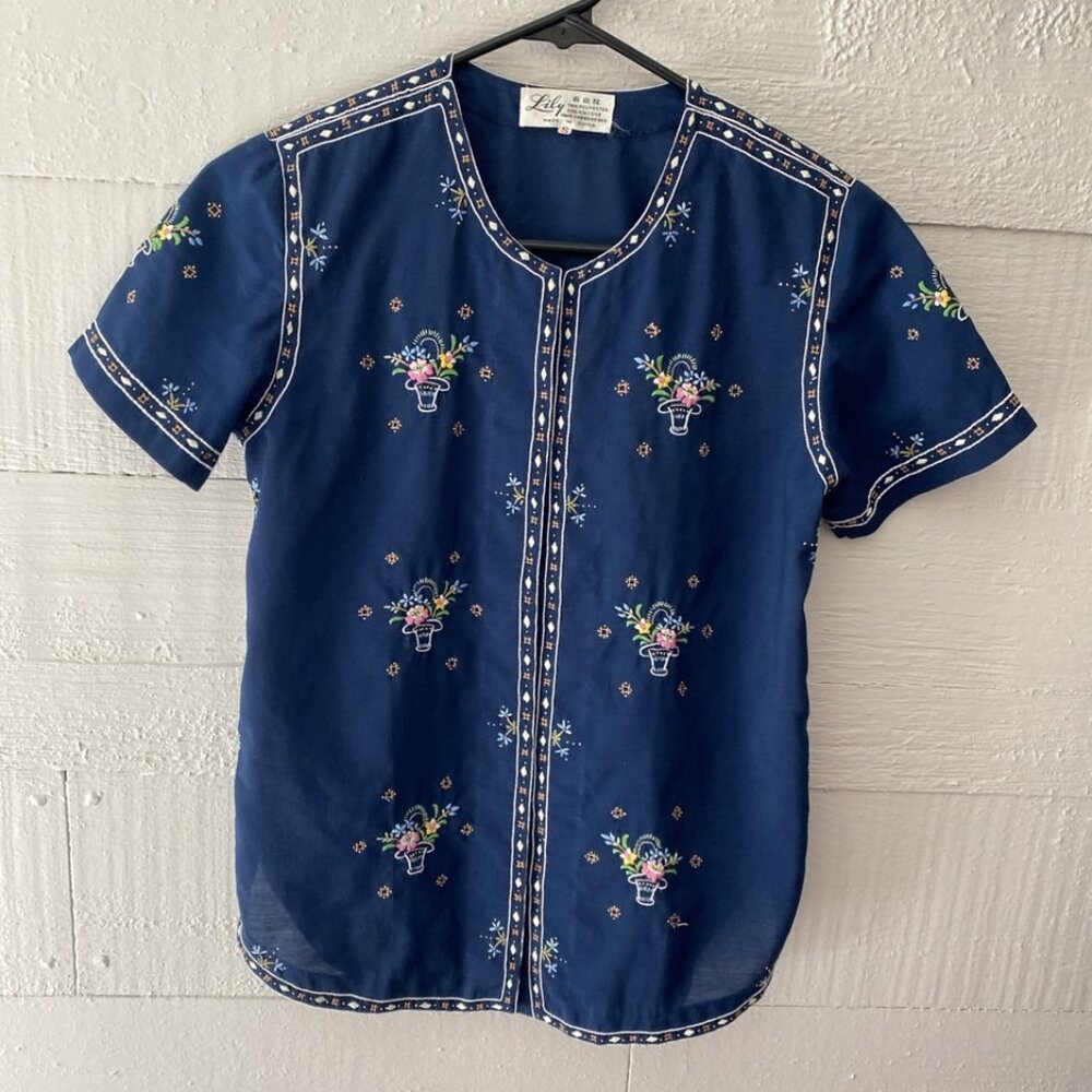 Vintage 70’s Lily Brand Hand Embroidered Covered Placard Button Top Navy Size S